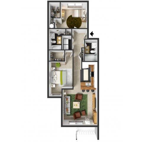 Floor plan for 2 beds, 2 baths, 950 sqft