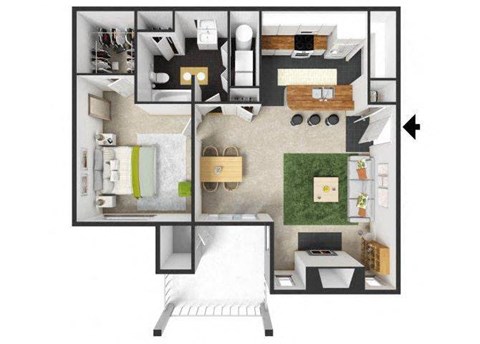 Floor plan for 1 bed, 1 bath, 743 sqft