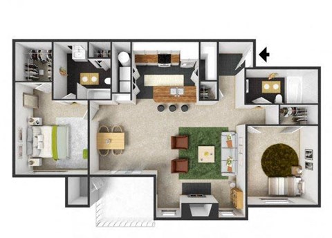 Floor plan for 2 beds, 2 baths, 1121 sqft