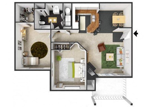 Floor plan for 2 beds, 1 bath, 966 sqft