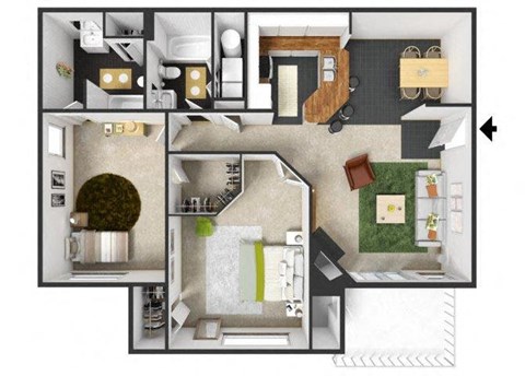 Floor plan for 2 beds, 2 baths, 1060 sqft