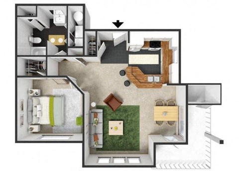 Floor plan for 1 bed, 1 bath, 727 sqft