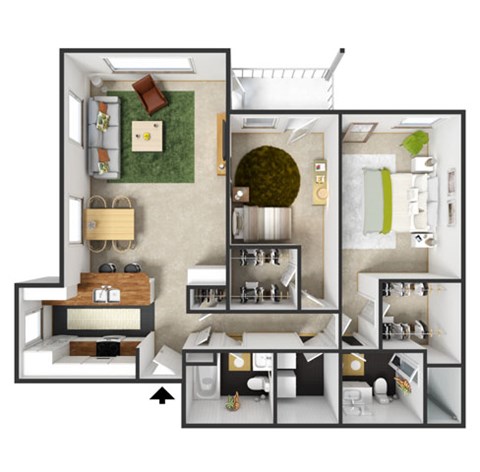 Floor plan for 2 beds, 2 baths, 1083 sqft
