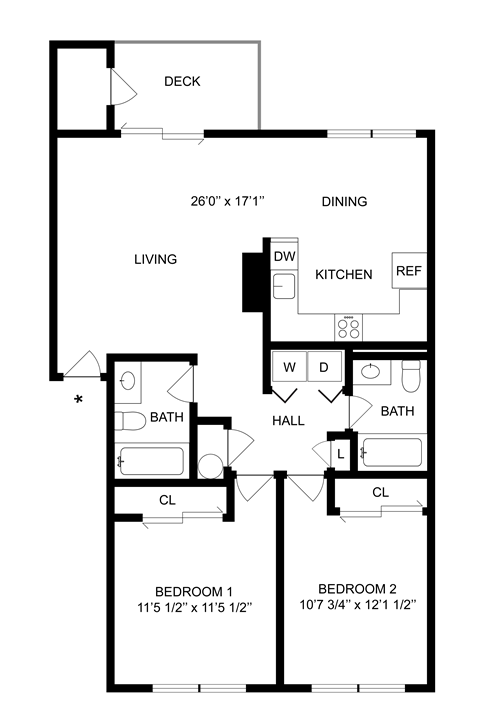 Floor plan for 2 beds, 2 baths, 907 sqft