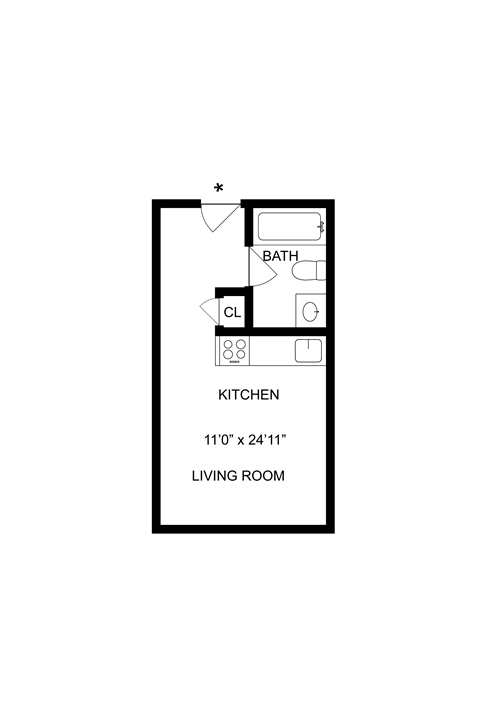 Floor plan for studio, 1 bath, 332 sqft