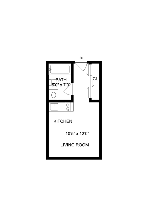 Floor plan for studio, 1 bath, 224 sqft