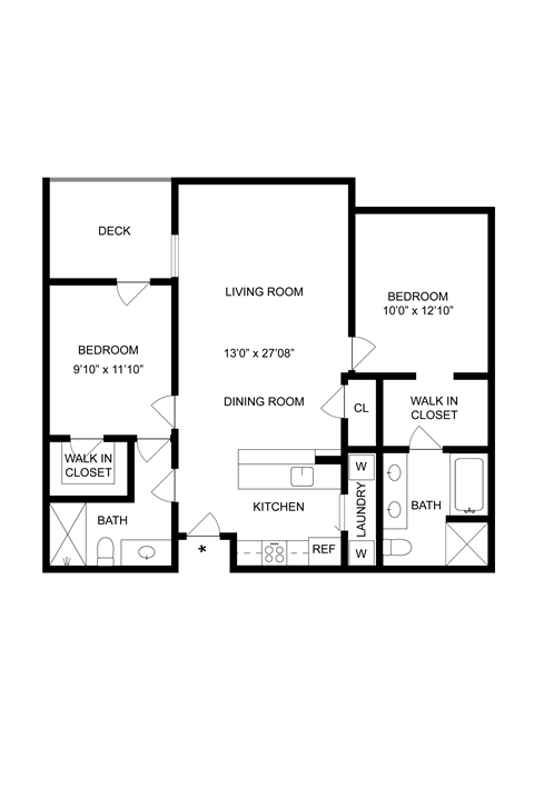Floor plan for 2 beds, 2 baths, 994 sqft