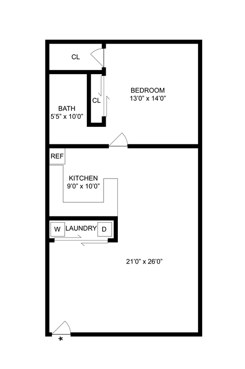 Floor plan for 1 bed, 1 bath, 820 sqft