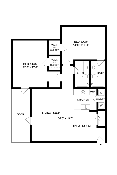 Floor plan for 2 beds, 2 baths, 1238 sqft
