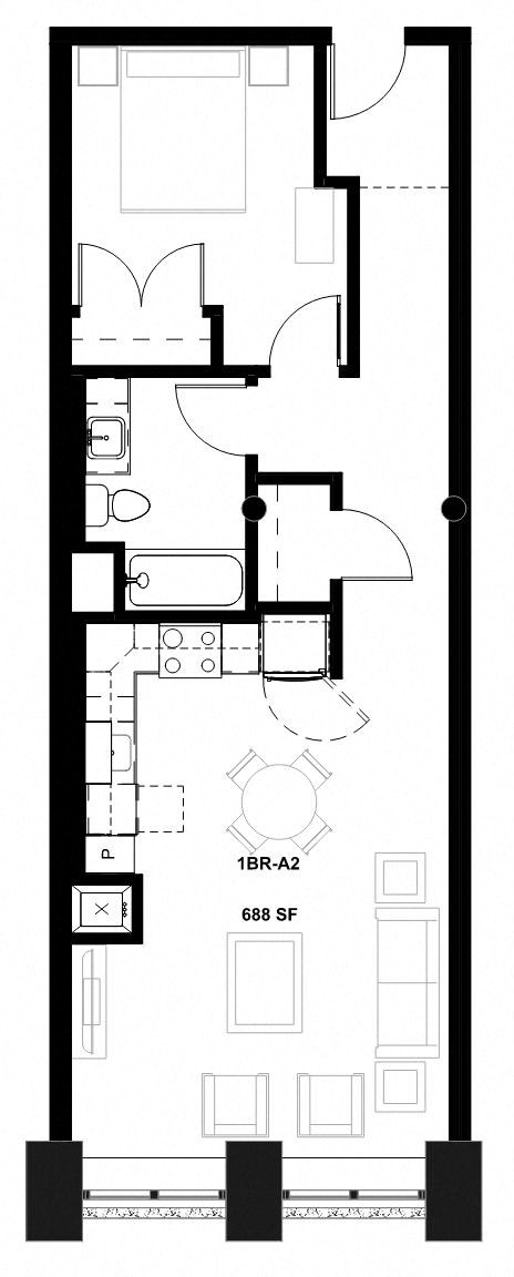 Floor plan for 1 bed, 1 bath, 1109 sqft