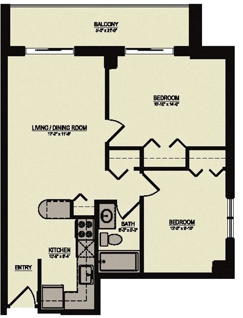 Floor plan for 2 beds, 1 bath, 888 sqft