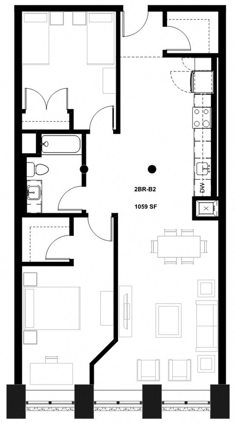 Floor plan for 2 beds, 1 bath, 1059 sqft
