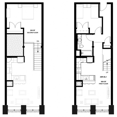 Floor plan for 2 beds, 1 bath, 922 sqft