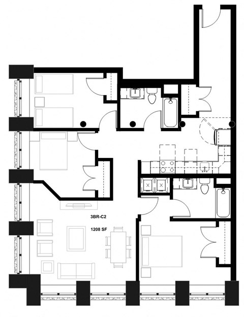 Floor plan for 3 beds, 2 baths, 1208 sqft