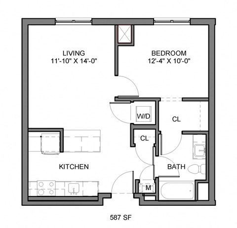 Floor plan for 1 bed, 1 bath, 776 sqft