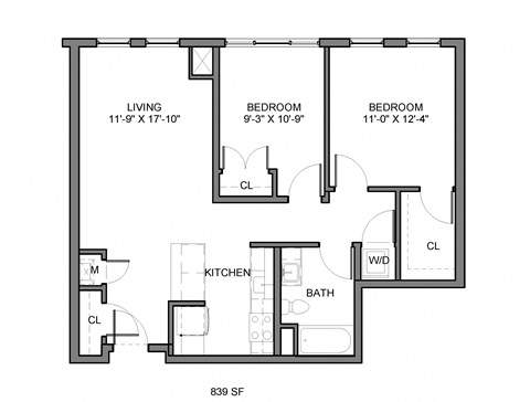 Floor plan for 2 beds, 1 bath, 881 sqft
