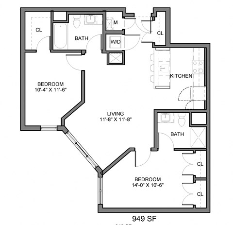 Floor plan for 2 beds, 2 baths, 949 sqft