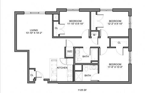 Floor plan for 3 beds, 2 baths, 1125 sqft