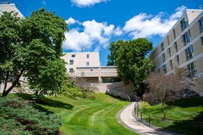 Marlborough apartment for rent - a path leads between two buildings on a sunny day