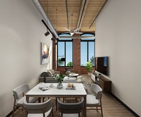 Lawrence apartment for rent - a rendering of a living room with a large white table and chairs and a flat screen tv