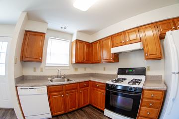 Newport apartment for rent - A kitchen with wooden cabinets and a white dishwasher.