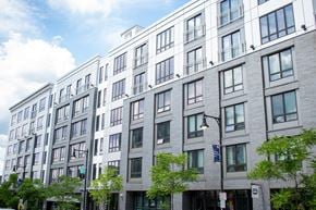 Dorchester apartment for rent - A tall building with many windows and balconies.