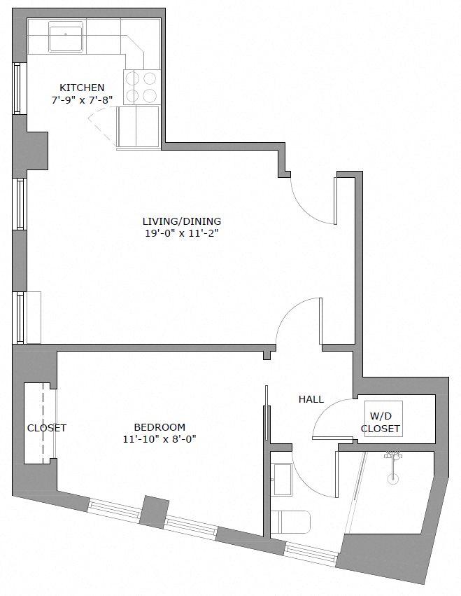 Floor plan for 1 bed, 1 bath, 621 sqft