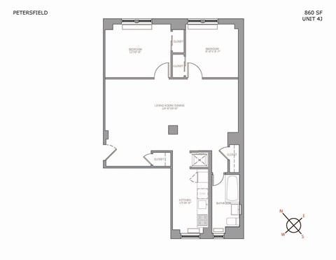 Floor plan for 2 beds, 1 bath, 860 sqft