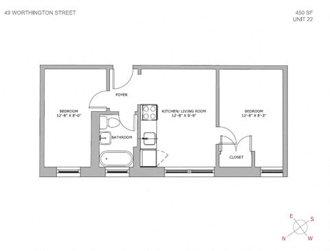 Floor plan for 2 beds, 1 bath, 419 sqft