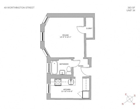 Floor plan for studio, 1 bath, 525 sqft