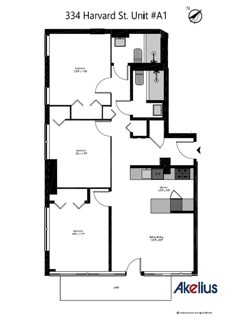 Floor plan for 3 beds, 2 baths, 844 sqft