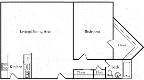 Floor plan for 1 bed, 1 bath, 800 sqft