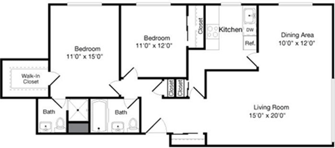 Floor plan for 2 beds, 1 bath, 1200 sqft