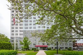 Boston apartment for rent - A tall building with a red awning sits in front of a tree with a flag on it.