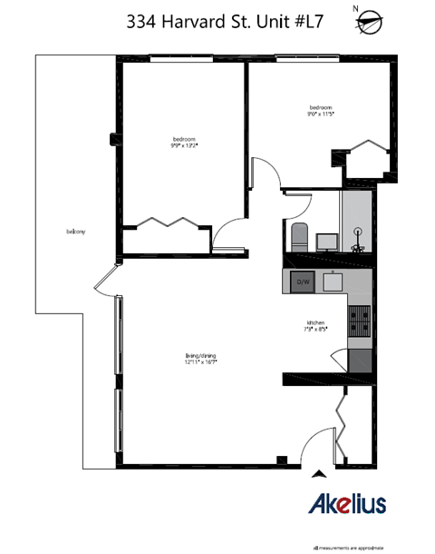 Floor plan for 2 beds, 1 bath, 669 sqft