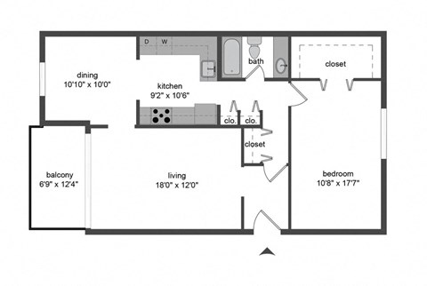Floor plan for 1 bed, 1 bath, 866 sqft