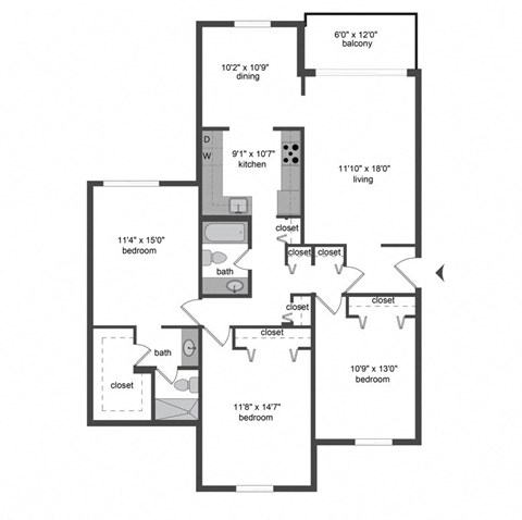 Floor plan for 3 beds, 2 baths