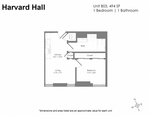 Floor plan for 1 bed, 1 bath, 836 sqft