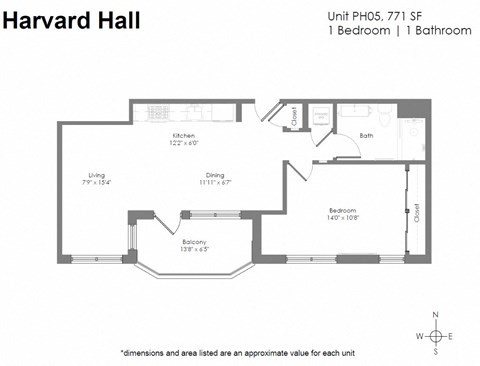 Floor plan for 1 bed, 1 bath, 771 sqft