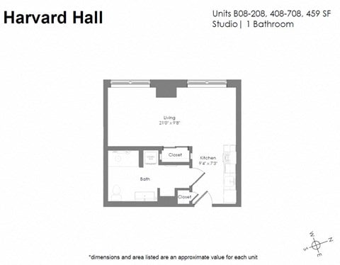 Floor plan for studio, 1 bath, 459 sqft