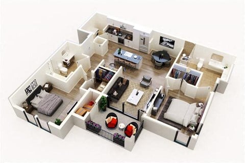 Floor plan for 2 beds, 2 baths, 1049 sqft
