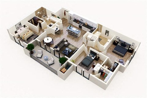 Floor plan for 3 beds, 2 baths, 1284 sqft