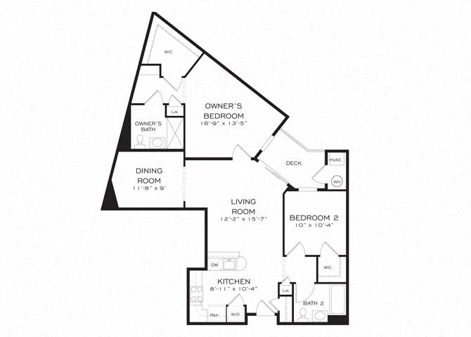 Floor plan for 2 beds, 2 baths, 1157 sqft