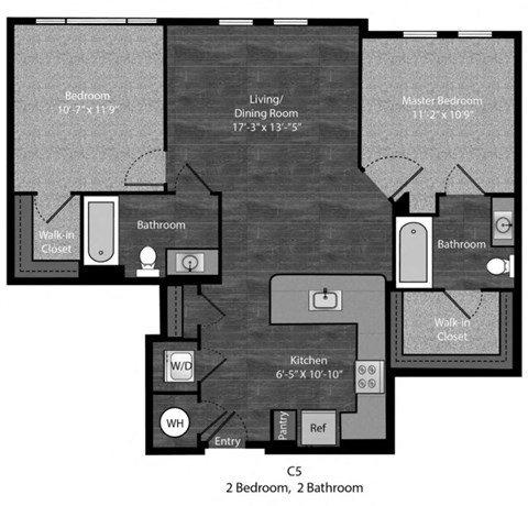 Floor plan for 2 beds, 2 baths, 963 sqft