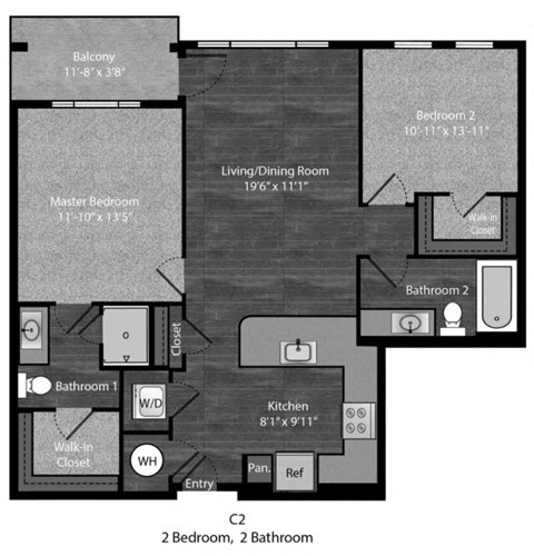 Floor plan for 2 beds, 2 baths, 987 sqft