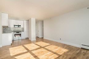 Boston apartment for rent - A spacious room with wooden flooring and white walls.