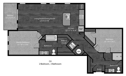 Floor plan for 2 beds, 2 baths, 1143 sqft