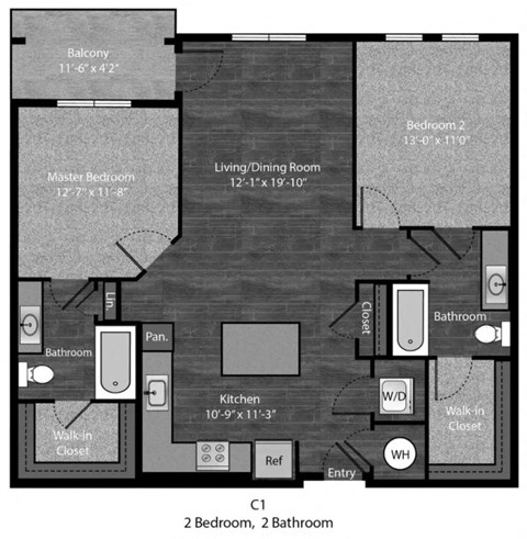 Floor plan for 2 beds, 2 baths, 1094 sqft