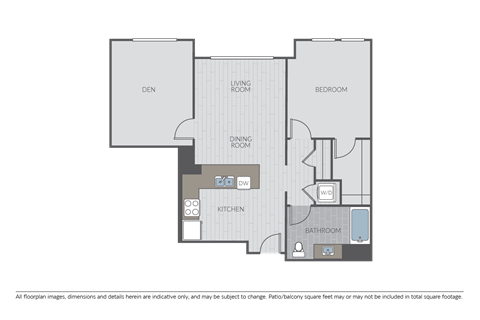 Floor plan for 1 bed, 1 bath, 992 sqft