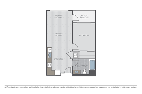 Floor plan for 1 bed, 1 bath, 642 sqft